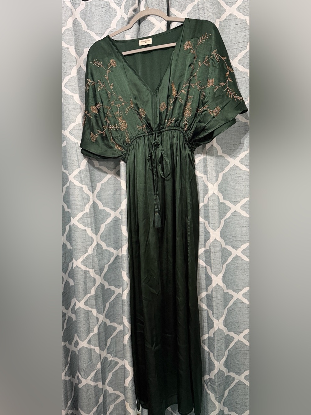 World Market Emerald Green Embroidered V-Neck Maxi Dress